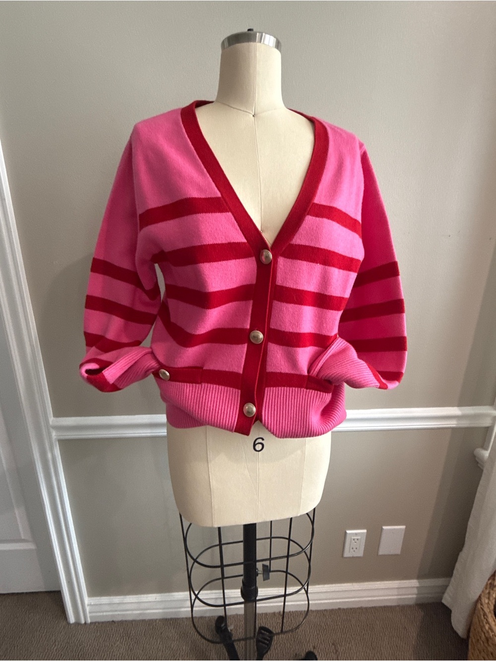 Rachel Zoe Pink and Red Striped V-Neck Cardigan